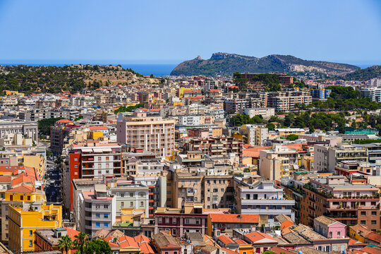 Aerial city view of Cagliari, the capital and largest city of the island of Sardinia in Italy