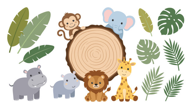 Cute Safari Animals and Round Wooden Log Frame Vector Set Featuring Lion, Giraffe, Elephant, Hippo, Monkey, and Tropical Jungle Palm Leaves Clipart