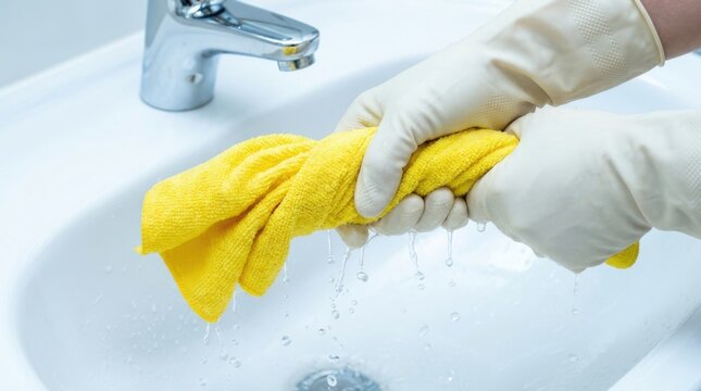 Person wearing white rubber gloves wringing out a bright yellow cleaning cloth over white sink