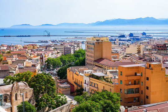 Aerial city view of Cagliari, the capital and largest city of the island of Sardinia in Italy