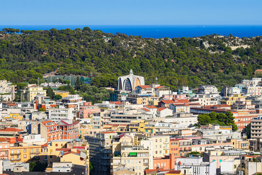 Aerial view of the Church of the Holy Martyrs George and Catherine in Cagliari, the capital and largest city of the island of Sardinia in Italy