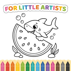 Cute Cartoon Shark Eating Watermelon Underwater Coloring Page for Kids Vector Illustration