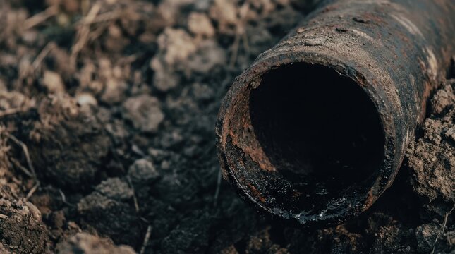 Corroded dark metal pipe leaking black toxic sludge onto dry cracked earth in outdoor setting