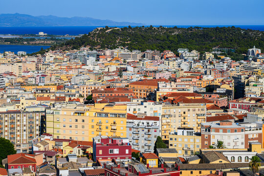 Aerial city view of Cagliari, the capital and largest city of the island of Sardinia in Italy