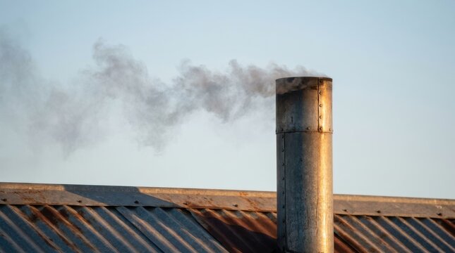 Metallic chimney pipe releasing gray smoke over old corrugated steel roof during a clear sunny afternoon