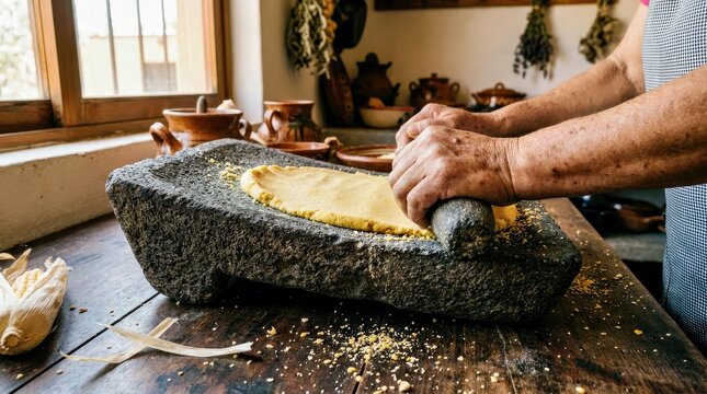 Hands Grinding Corn on Traditional Stone Metate in Rustic Kitchen Setting
