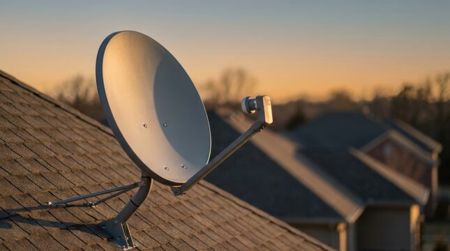 Satellite dish mounted on shingled roof captures broadcast signals during a soft glowing orange sunset