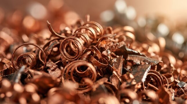 Shiny copper metal shavings piled in a textured macro shot displaying warm golden industrial lighting effects
