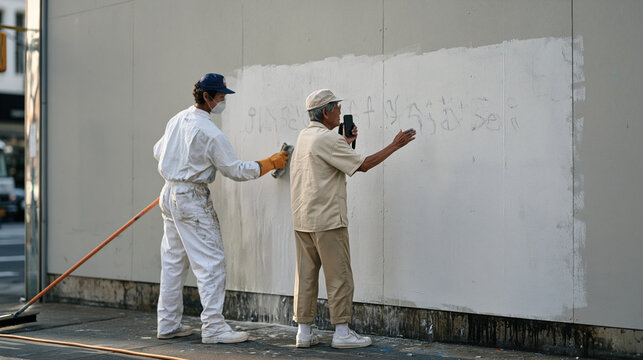 Graffiti removal worker scrubbing an urban wall while a linguist beside them photographs chalk markings of an endangered dialect on a clean white section, intergenerational pair,