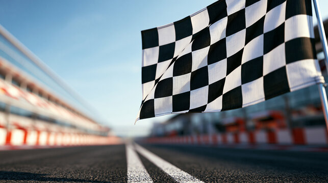 Checkered race flag waving above a speed track. Symbol of victory and sport competition.