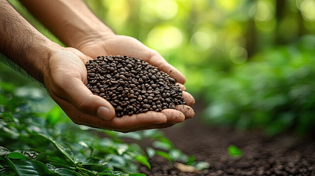 Hands holding fresh roasted coffee beans in a lush green plantation, showcasing organic farming and harvest