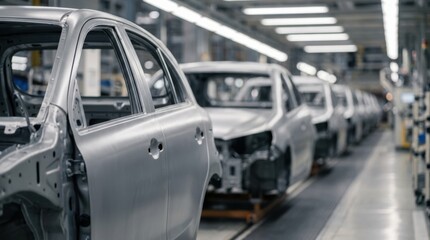 Fototapeta premium Metallic car body frames moving along a modern automated assembly line in a large automotive factory