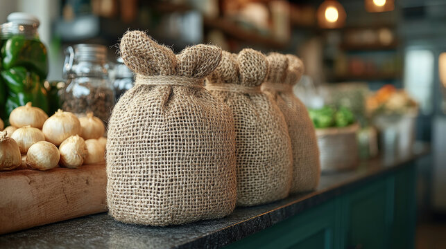 Natural burlap sacks filled with produce, garlic bulbs and green vegetables on a counter in a rustic market stall.