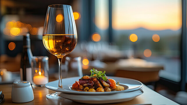 Elegant Dining Experience: Gourmet Meal with Wine and Sunset View