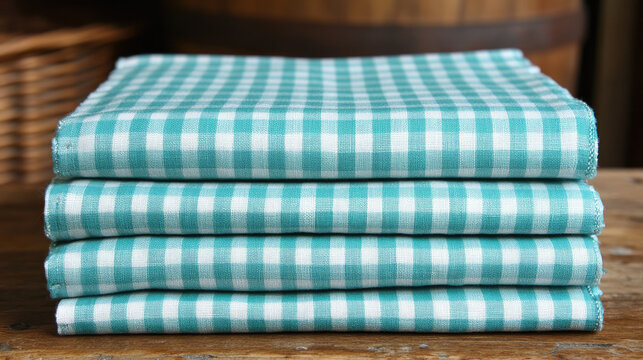 Stack of Teal and White Gingham Kitchen Towels on Rustic Wooden Table, Country Style