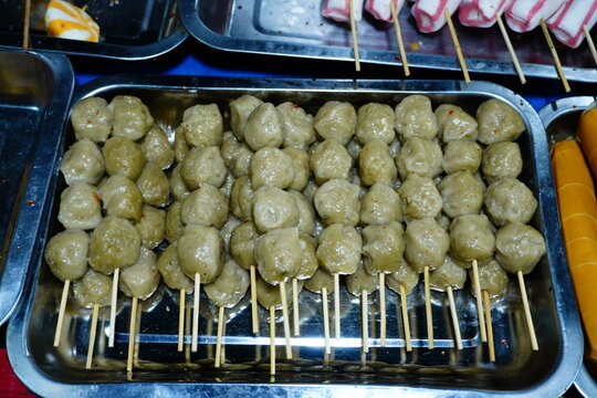 Skewered Food Balls Displayed at a Street Food Stall