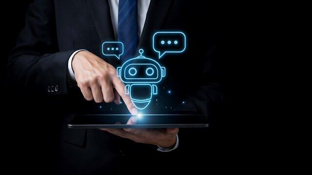 Man's hand touching glowing chatbot icon on tablet screen with chat bubbles during dark studio lighting