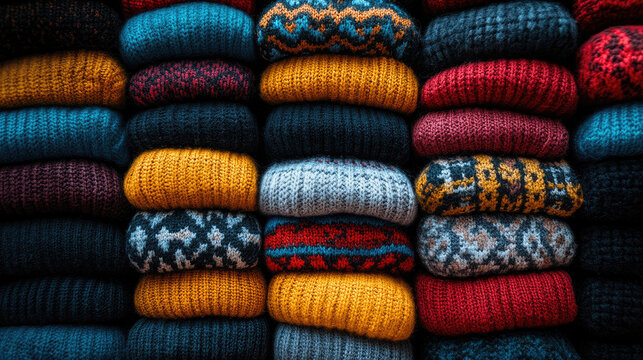 Cozy Knitted Sweaters Stacked - Warm Winter Clothing with Colorful Patterns