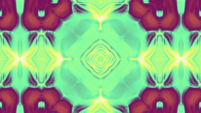 Abstract digital background with symmetrical kaleidoscopic patterns in vibrant green and purple hues.