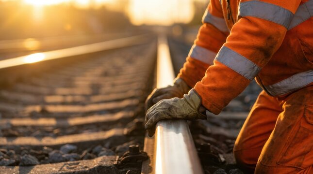 Railway worker wearing high visibility orange uniform inspecting steel train tracks during a golden sunset hour