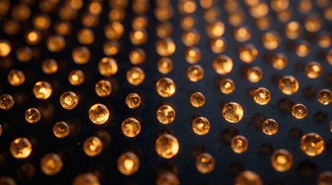 Abstract glowing yellow glass spheres or beads on a dark reflective surface with cinematic bokeh lighting for modern technology and design concepts