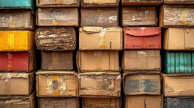Stacked Recycled Cardboard Boxes Full Frame Texture Background, Shipping Containers, Storage, Industrial Warehouse