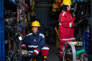 Fototapeta premium Firefighters prepare protective equipment and breathing apparatus