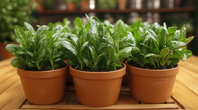 Group of small green potted plants with water droplets on leaves, lush foliage, healthy growth on a wooden table.