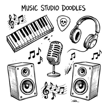 Hand drawn music studio icons collection with keyboard headphones microphone