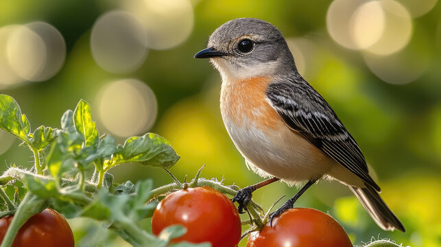 Small bird perched on a tomato plant branch with ripe red tomatoes and green leaves, soft bokeh background