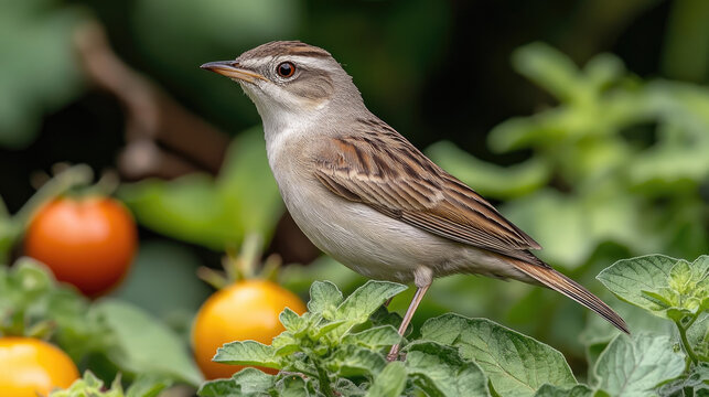 Small Wren Bird Perched on Tomato Plant with Ripe Cherry Tomatoes, Close-up Wildlife Photography