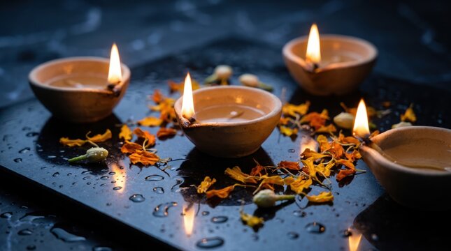 Diwali diyas with marigold flowers and water droplets on a dark reflective surface for Hindu festival celebration and traditional worship rituals