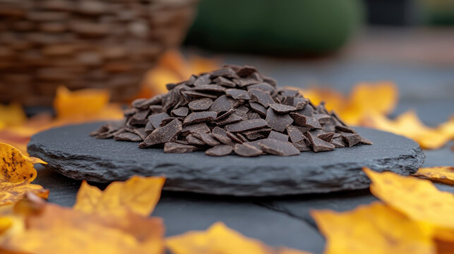 Delicious dark chocolate flakes piled on a slate plate, surrounded by autumn leaves, shallow depth of field