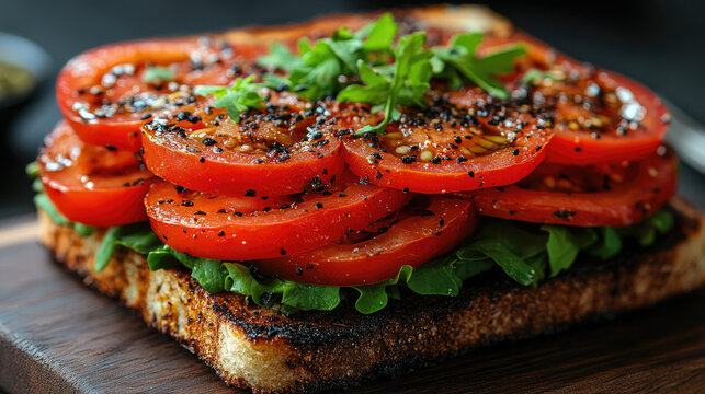 Healthy Tomato Sandwich on Toasted Bread with Fresh Greens and Seasoning