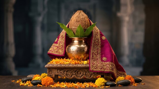 Puja kalash with coconut, mango leaves and marigold flowers for Hindu religious rituals, festival celebrations and traditional prayer ceremonies