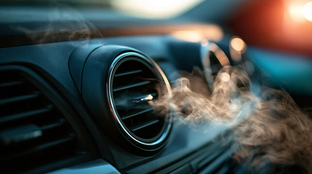 Smoke emerging from car air conditioner vent inside dashboard. Dangerous vehicle malfunction or fire hazard concept.
