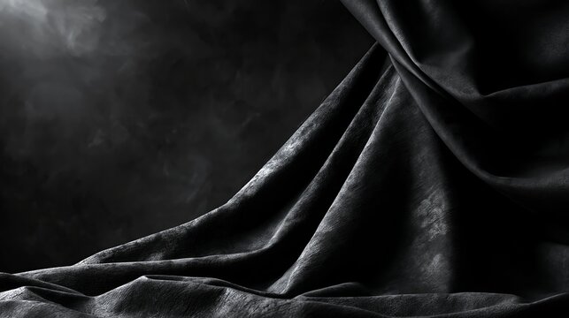 Elegant black silk fabric draped in soft folds with subtle highlights creating a dramatic and luxurious artistic photographic studio mood