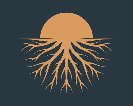 Tree roots with rising sun emblem vector illustration