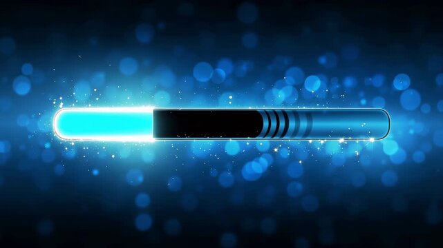 Blue loading bar filling up on glowing background. Progress indicator animation for software development and digital interface design. Concept of process completion.