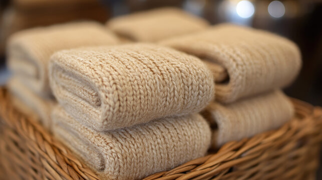 Cozy Knitted Blankets Stacked in Wicker Basket, Soft Beige Texture, Warm Home Comfort