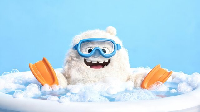 Funny fluffy white monster wearing swimming goggles and flippers sitting in bathtub with foam. Cute creature enjoying summer vacation and relaxation. Creative character design for fun concept.