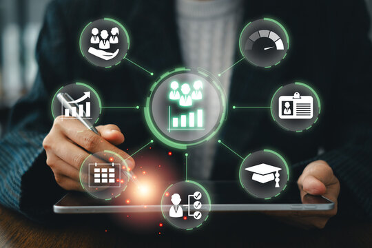 Visual representation of workforce analytics with digital icons and data visualization, highlighting modern HR strategies.