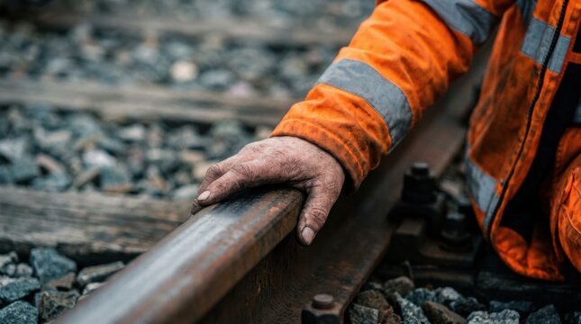 Weathered construction worker hand resting gently on a rustic metal railway track during daily field maintenance