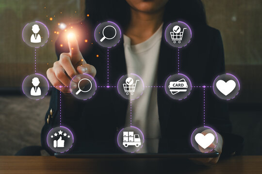 Visual representation of an AI-enhanced customer journey with digital icons for shopping, search, and engagement.