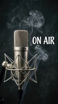 Professional vocal recording: podcast show, on air, record voice, studio microphone, transmit signal, media content, host interview, audio equipment, smoke visual.
