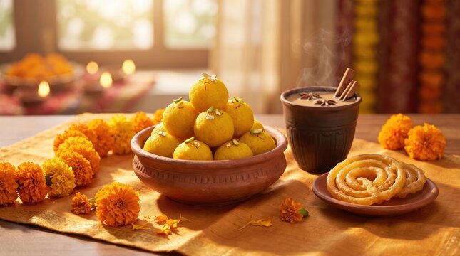 Indian sweet laddu bowl with hot tea and jalebi for Diwali festival celebration featuring marigold flowers and bright clay lamps on a wooden table