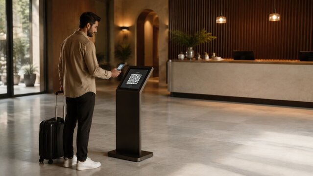 Man with suitcase scans QR code on digital kiosk in modern hotel lobby, featuring elegant reception desk and large windows with natural light