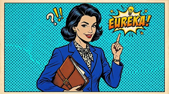 Retro pop art woman pointing up with eureka exclamation thought bubble