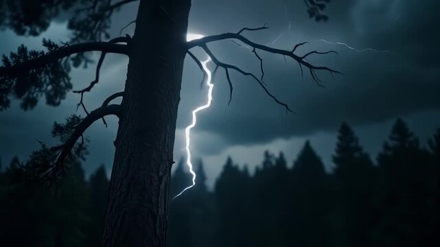 Lightning storm over forest with tall tree silhouette