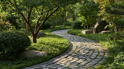 Obraz premium A serene winding stone path meanders through a lush green garden. Perfect for landscaping design and peaceful nature.